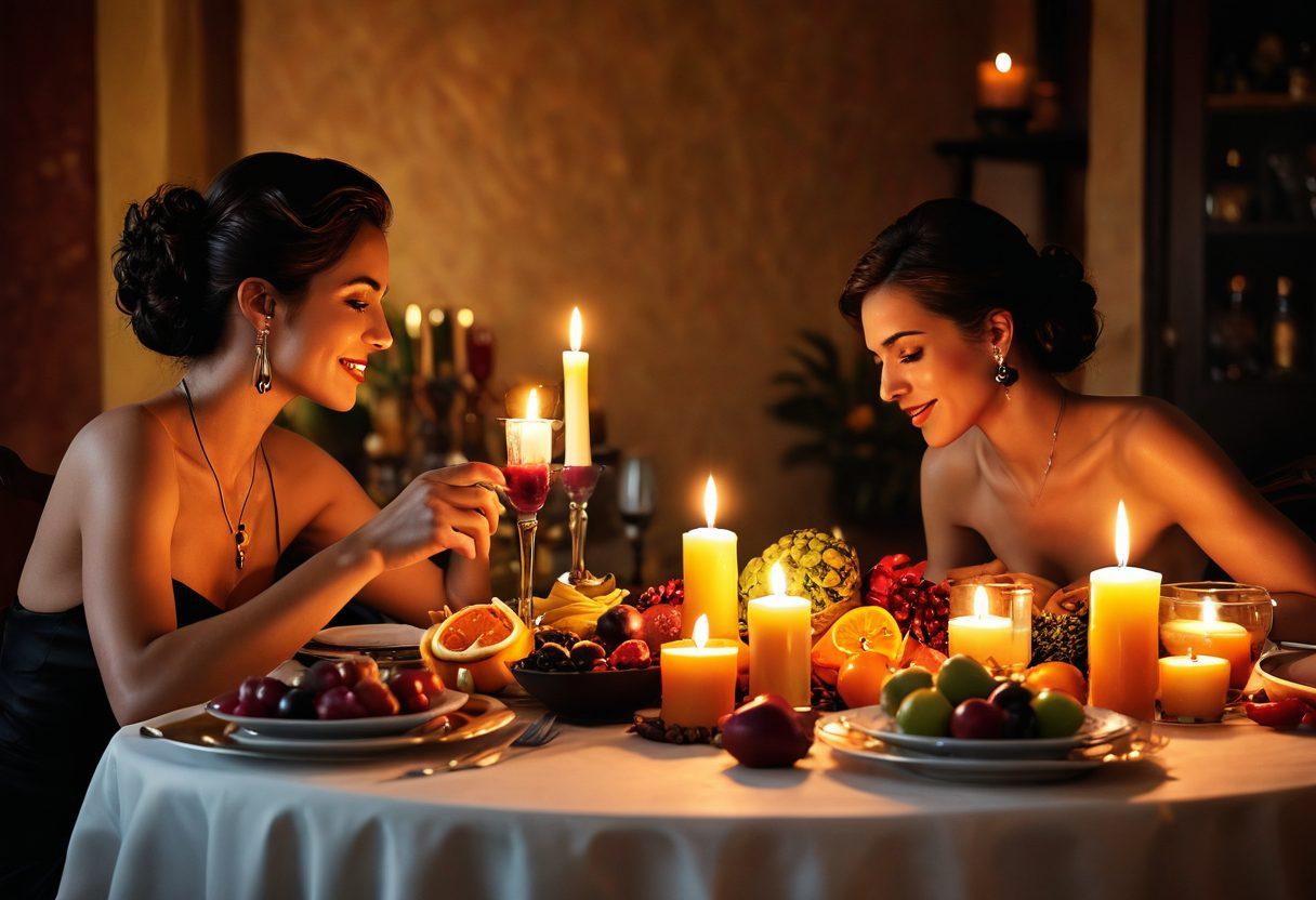 A seductive, warm-toned image showcasing an opulent dining table filled with vibrant spicy dishes, exotic fruits, and sultry candles. Include silhouettes of couples sharing intimate moments, laughter, and indulgence, surrounded by an atmosphere of intimacy and pleasure. Accentuate the textures of the food and the glow of the candles to evoke a sense of sensory delight. rich colors, 3D, soft focus, elegant composition.