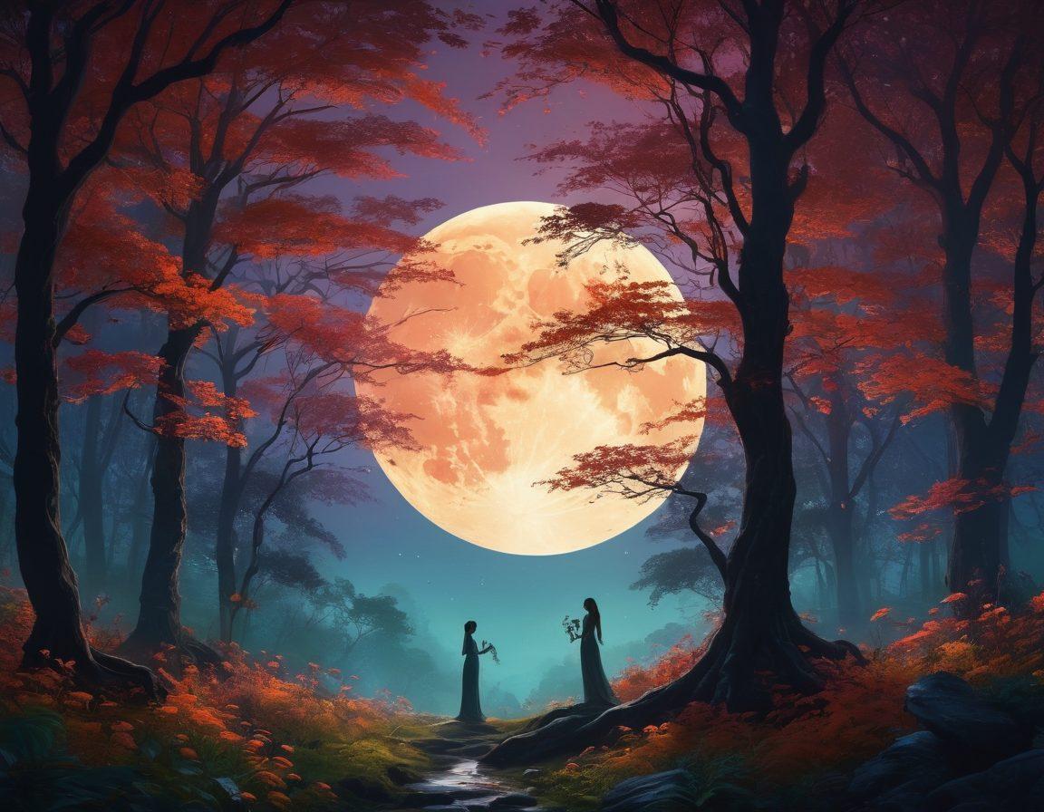 A vibrant and lush forest setting under a full moon, where silhouettes of entwined figures explore their desires, surrounded by ethereal glowing flowers and soft, mysterious shadows. The atmosphere is both enchanting and inviting, blending sensuality with nature’s allure. Incorporate rich, warm colors to evoke passion and intrigue. super-realistic. vibrant colors. moonlit ambiance.